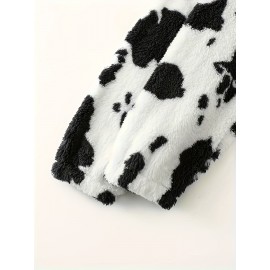 Women's Elegant Half-Zip Hooded Jacket, Plus Size Winter Warmth Coat with Full-Zip Front, Soft Fleece Lining, Animal Print (Cow/Sheep Design), Casual Outerwear, Cold Weather Wear, Stylish Outerwear, Zip-Up Coat