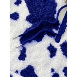 Women's Elegant Half-Zip Hooded Jacket, Plus Size Winter Warmth Coat with Full-Zip Front, Soft Fleece Lining, Animal Print (Cow/Sheep Design), Casual Outerwear, Cold Weather Wear, Stylish Outerwear, Zip-Up Coat