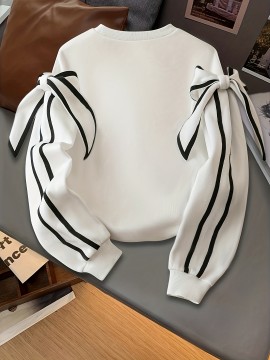 [Winter Clothing Construction] Plus Size Women's Elegant Bow Detail Sweatshirt | Cozy Long Sleeve Crewneck Pullover, Solid Color Casual Fall/Winter Wear