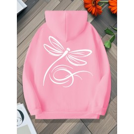 Plus Size, Women's Oversized White Dragonfly Print Hooded Sweatshirt - Long Sleeve Casual Pullover with Drawstring Hood & Kangaroo Pocket, Plus Size All-Season Comfort, Elegant White Sweater for Casual Attire, Machine Washable, Relaxed Fit with Stylish Dragonfly Back Print, Soft Fabric for Layering, Chic and Versatile Women's Fashion