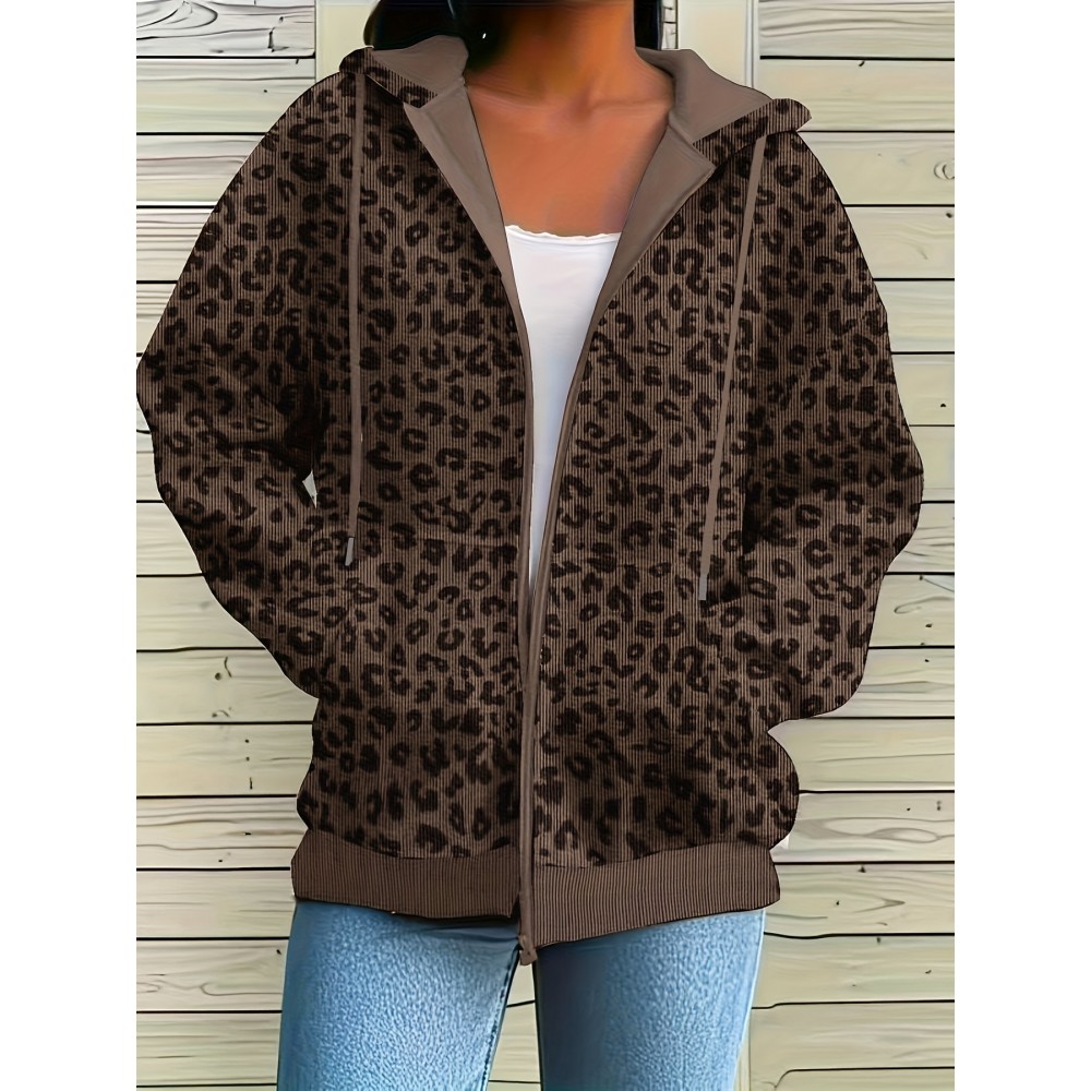 Plus Size - Women'S Plus Size Hooded Sweatshirt - Brown Leopard Print Zip-Up Jacket with Front Pockets, Long Sleeve Casual Outerwear for Everyday & Formal Outfits, Spring/fall Fashion, Spring Outerwear, Stylish Hoodie