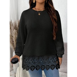 Plus Size, Women's Elegant Long Sleeve Pullover Sweatshirt - White with Lace Trim, Relaxed Fit for Everyday & Formal Events, Machine Washable Winter Sweater for Women, Cute Sweatshirts, Autumn Fashion, Classic Round Neckline, Quality Stitching, Stylish Clothing, Casual Chic