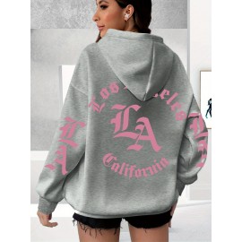 Los Angeles Letter Print Casual Hooded Sweatshirt - Long Sleeves Oversized Hooded Sweatshirt with Popular Extension