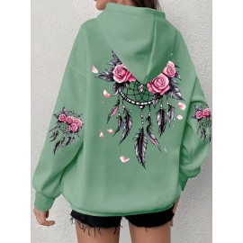 Women'S Plus Size Boho Chic Hoodie - Soft, Comfortable Long Sleeve with Dreamcatcher & Floral Print, Casual Pullover with Pockets for Everyday Wear, Casual Wear Hoodie|Boho Chic Style|Soft Fabric Hoodie