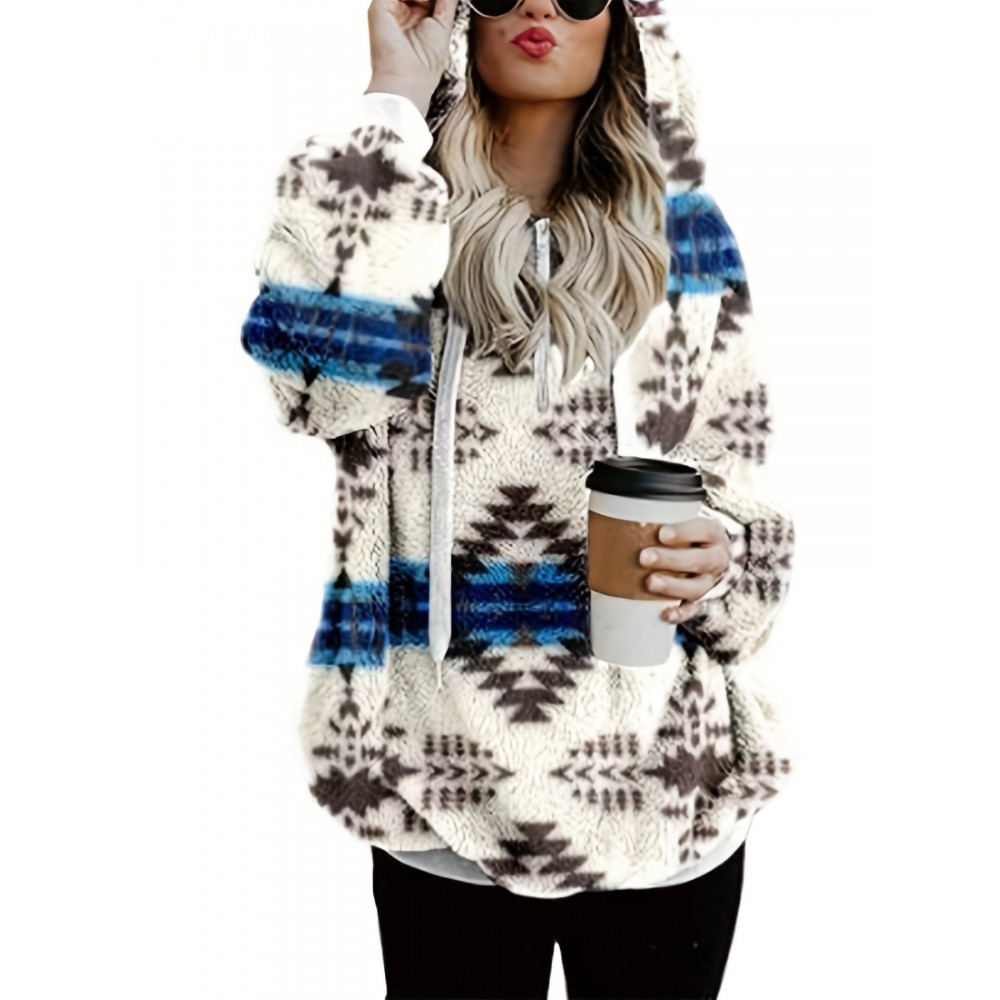 Plus Size Boho Chic Hoodie - Stylish Aztec Print with Cozy Plush, Half-Zipper Closure, Drawstring Hood & Handy Pockets - Perfect for Winter Wear