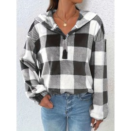 Plus Size Women's Gingham Check Hoodie - V-Neck Long Sleeve Pullover with Button Details, Drop Shoulder Design, and Pockets, Casual Wear for Fall/Winter | Vneck Hoodie | Construction, Sweater Hoodie