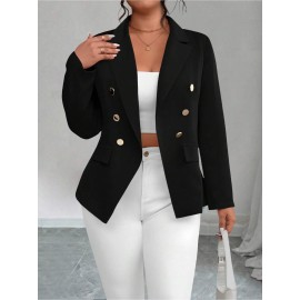 Plus Size - Plus-size Women'S Solid Color Double-Breasted Fitted Waist Long-Sleeved Suit Jacket | Elegant Style with Lapel Collar and Button Details, Perfect for All Seasons