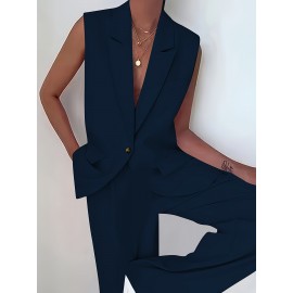 Stylish Plus Size Solid Color Elegant Suit Set - Women's Plus Size Clothing, Button Sleeveless Vest & Straight Leg Loose Pants for Work or Formal Occasions - Comfortable, Breathable, and Flattering