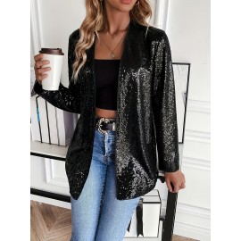 1pc Elegant Plus Size Sequin Long Sleeve Blazer for Women - Casual Open Front Polyester Jacket with Shimmering Detail, Knitted Fabric, Versatile for All Seasons
