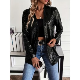 1pc Elegant Plus Size Sequin Long Sleeve Blazer for Women - Casual Open Front Polyester Jacket with Shimmering Detail, Knitted Fabric, Versatile for All Seasons