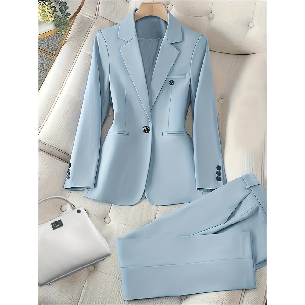 Elegant Women's Long Sleeve Lapel Blazer & Pants Set - Polyester, Machine Washable, Solid Color for Fall/Winter
