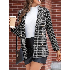Elegant Plus Size Houndstooth Blazer for Women - 100% Polyester, Lapel Collar, Woven, Non-Stretch Fabric, All-Season, Regular Fit Adult Jacket
