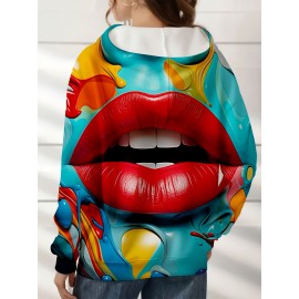 Women'S Plus Size 3D Lips Print Full-Zip Hooded Jacket - Red Lips & Multicolor Abstract Face Design, Warm Winter Coat for Art Parties, Daily Wear, Birthday Outfits - Statement-Making Lip for art Gift for Women (Friends & Family) - Casual to Formal O