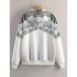 Women'S 3D Floral Print Hooded Zipper Jacket Sweatshirt - Winter Warmth Full-Zip Outerwear, White with Black Floral Pattern, Relaxed H-Line Silhouette, Machine Washable Non-Stretch Fabric, Long Sleeve Coat for Casual & Formal Outfits