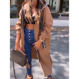 Large Size Women's Hooded Full-Zip Sportswear Jacket - Windproof & High Quality Long Sleeve Outerwear, Mid-Stretch Semi-Translucent Fabric, Machine Washable, Autumn Casual & Athletic Coat for Gym, Running Errands, Casual Attire (Solid Color)