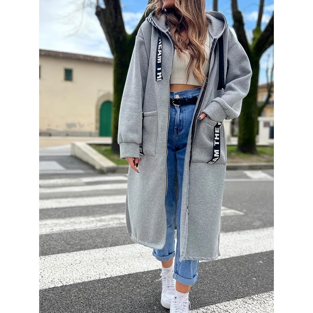 Large Size Women's Hooded Full-Zip Sportswear Jacket - Windproof & High Quality Long Sleeve Outerwear, Mid-Stretch Semi-Translucent Fabric, Machine Washable, Autumn Casual & Athletic Coat for Gym, Running Errands, Casual Attire (Solid Color)