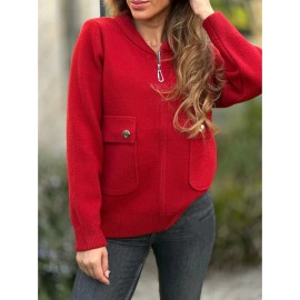 Plus Size Women'S Elegant Casual Fleece Blend Coat - Stand Collar Long Sleeve Jacket with Zipper Closure, Full-Zip Front, Chest Pocket & Structured Fit | Warm Winter Outerwear for Fall/Winter | Solid Color (RedNavy) | Versatile for Everyday & Semi-F