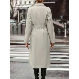 Women's Plus Size Long Coat - Elegant Belted Button Front Closure, Beige/Classic Colors Non-Stretch Jacket for Fall/Spring, Office, Casual & Formal Events - H-Line Silhouette Outerwear