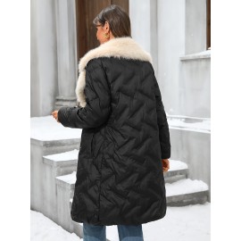 Plus Size - Women'S Plus Size Winter Coat - Thick Warm Long Jacket with Lapel Collar, Non-Stretch Fabric, Button Front Closure, Casual Elegant Outerwear For Fall & Winter (machine Washable) - Solid Color, Plus Size Winter Coats For Women