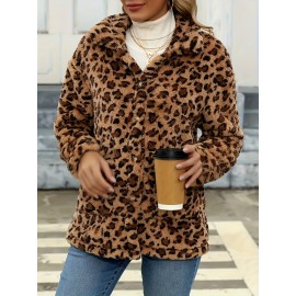 Women's Plus Size Leopard Print Faux Fur Jacket, Casual Collared Pullover, Polyester Knit Coat with Pockets, Regular Fit Long Sleeves, All-Season Fashion Outerwear