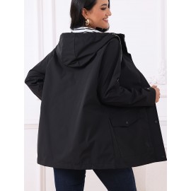 Women'S Plus Size Casual Hooded Windbreaker Jacket - 100% Polyester, Solid Color, Non-Stretch Woven Fabric, Fake Pockets, Spring/Fall Outerwear
