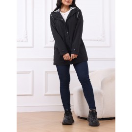 Women'S Plus Size Casual Hooded Windbreaker Jacket - 100% Polyester, Solid Color, Non-Stretch Woven Fabric, Fake Pockets, Spring/Fall Outerwear