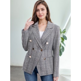 Elegant Plus Size Double-Breasted Blazer - Chic Plaid, Long Sleeve Suit Jacket for Women, Machine Washable