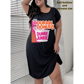 Plus Size Women'S Tops 100% Breathable Short Sleeve Dress with Dunkin Donuts Junkie Print, Perfect for Casual Outings And Everyday Wear.