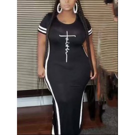 Faith Letter Women'S Striped Printed Casual Dress Side Slit Round Neck Short-sleeved Dress, Spring And Summer Casual WomenS Maxi Dress Striped Trim Split Thigh Longline Dress For Summer