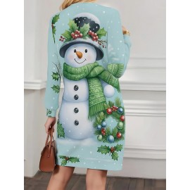 1pc Women'S Plus Size Christmas Snowman Print Sweatshirt Dress - Long Sleeve Crew Neck with Set-in Sleeves, All-Over Snowman & Holly Berry Print, Cozy Winter Fabric, Casual Holiday Party Outfit, Christmas Dress for Winter Celebrations & Casual Attir