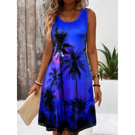 Women'S Tropical Print Sleeveless Beach Dress- Vibrant Pink with Black Palm Tree Design, Round Neck Machine-Washable Lightweight Summer Vacation Dress for Poolside& Casual Outings