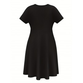 Women'S Plus Size 90'S Retro Bops Graphic Print Vintage 90s Inspired Casual Dress - Short Sleeve Round Neck A-Line Flared Skirt with Puff Sleeve-like Hem, Machine Washable Summer Midi Dress in & Retro Lettering, Loose Fit H-Line Silhouette for Casua