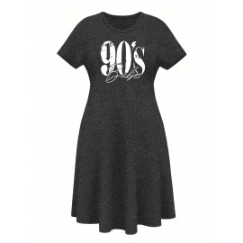 Women'S Plus Size 90'S Retro Bops Graphic Print Vintage 90s Inspired Casual Dress - Short Sleeve Round Neck A-Line Flared Skirt with Puff Sleeve-like Hem, Machine Washable Summer Midi Dress in & Retro Lettering, Loose Fit H-Line Silhouette for Casua