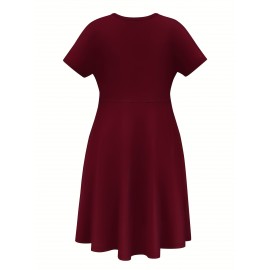 Women'S Plus Size 90'S Retro Bops Graphic Print Vintage 90s Inspired Casual Dress - Short Sleeve Round Neck A-Line Flared Skirt with Puff Sleeve-like Hem, Machine Washable Summer Midi Dress in & Retro Lettering, Loose Fit H-Line Silhouette for Casua