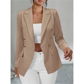 Plus Size - Plus-size Women'S Solid Color Double-Breasted Fitted Waist Long-Sleeved Suit Jacket | Elegant Style with Lapel Collar and Button Details, Perfect for All Seasons