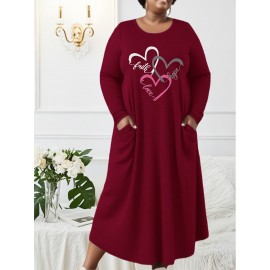 Plus Size, 1pc Women'S Plus Size Long Sleeve Maxi Dress - Elegant Black with Pink Heart & Faith Lettering, Flowy Loose Fit Formal Casual Outfits - Fall/Winter Everyday & Special Occasion Dress for Women, Winter Comfort Clothing, Comfortable Fabric