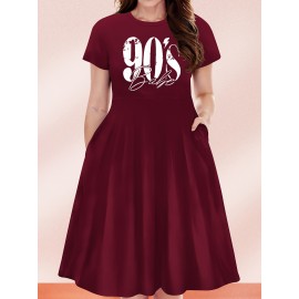 Women'S Plus Size 90'S Retro Bops Graphic Print Vintage 90s Inspired Casual Dress - Short Sleeve Round Neck A-Line Flared Skirt with Puff Sleeve-like Hem, Machine Washable Summer Midi Dress in & Retro Lettering, Loose Fit H-Line Silhouette for Casua